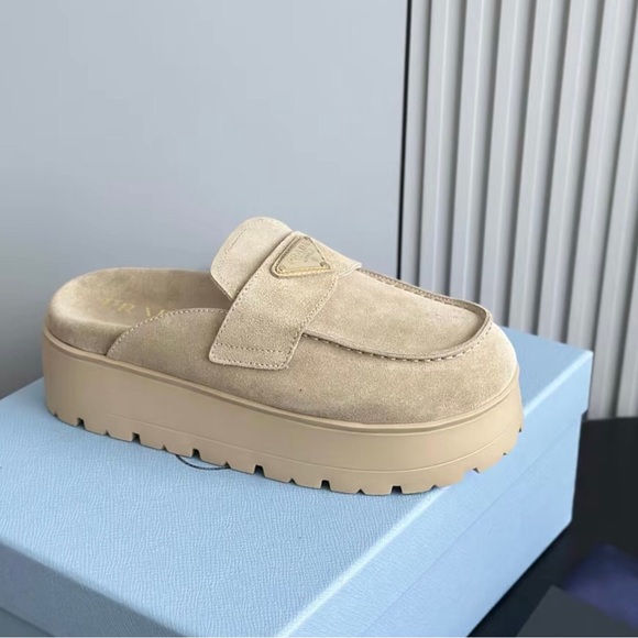 Prada Beige Suede Platform Mules - Picture 3 of 8